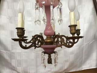 Antique French Victorian Bronze Lustre Lamp Chandelier Pink Opaline Crystal 4