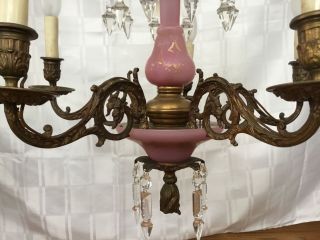 Antique French Victorian Bronze Lustre Lamp Chandelier Pink Opaline Crystal 5
