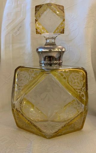 Antique French Cut Etched Amber Glass Sterling Decanter