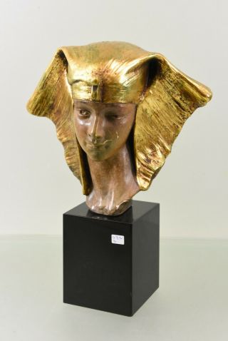 Art Deco 1925 Terracotta Egypt Queen Bust Statue Sculpture Stone Base Signed