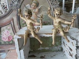 Omg Pair Old Antique French Cast Iron Metal Cherubs Angels Creamy White