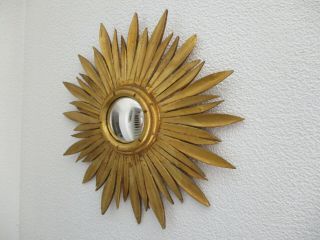 FRENCH VINTAGE MID CENTURY GILT WOOD SUNBURST STARBURST CONVEX WALL MIRROR 1960 ' 2