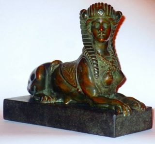 Ca.  1870 French Bronze Egyptian Or Greek Revival Sphinx On Stone Base