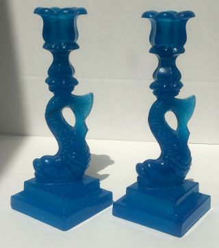 Blue Sandwich Glass Dolphin Candlesticks Blue Eapg Ca 1870 2 Step Antique