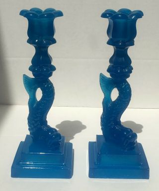 Blue Sandwich Glass Dolphin Candlesticks Blue EAPG Ca 1870 2 Step Antique 2