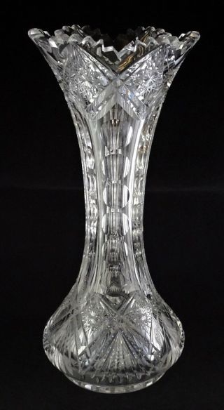 Abp 12 " Vase American Brilliant Cut Glass Punties Christmas Star Motif Fans Notc