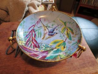 ANTIQUE FRENCH,  OLD PARIS BIRD/FLOWERS PORCELAIN MOUNTED GILT BRONZE BOWL 8