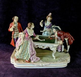 Antique German Porcelain Figurine 18th C Ladies Gentlemen Pool Billiard Players
