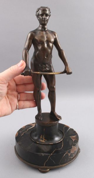 Antique 1900s Bronze Sculpture Young Nude Man Fencing Sword Black Marble Base