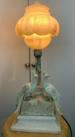 Art Deco Carved Alabaster Italian Large Two Love Birds Table Lamp