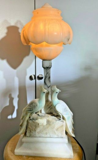 Art Deco Carved Alabaster Italian Large Two Love Birds Table Lamp 2