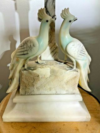Art Deco Carved Alabaster Italian Large Two Love Birds Table Lamp 3