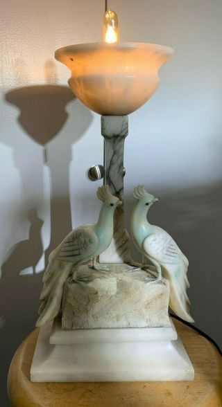 Art Deco Carved Alabaster Italian Large Two Love Birds Table Lamp 5