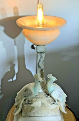 Art Deco Carved Alabaster Italian Large Two Love Birds Table Lamp 6