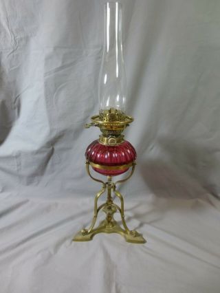 Victorian Cranberry Hinks Duplex Table Oil Lamp Complete With Chimney