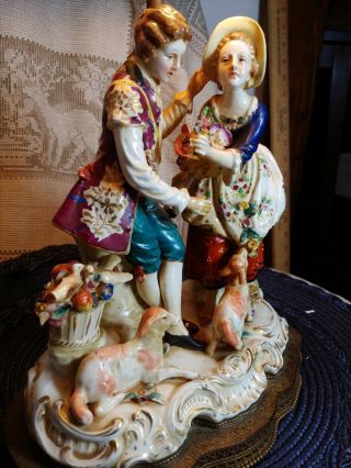 Large Dresden Porcelain Lace Figurines Lamp Couples Courting Sheep Birds