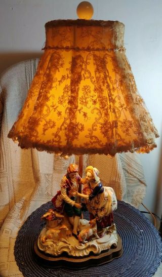 Large Dresden Porcelain Lace Figurines lamp Couples Courting sheep Birds 2
