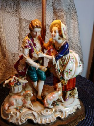 Large Dresden Porcelain Lace Figurines lamp Couples Courting sheep Birds 3