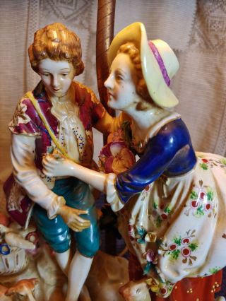 Large Dresden Porcelain Lace Figurines lamp Couples Courting sheep Birds 4