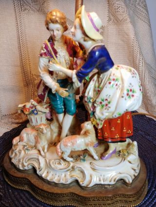 Large Dresden Porcelain Lace Figurines lamp Couples Courting sheep Birds 8