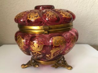 Antique Moser Victorian Cranberry Art Glass Footed Dresser,  Trinket,  Powder Box