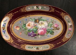 Antique 19 C.  Paris Porcelain ? Platter Hand Painted Roses Butterflies England ?