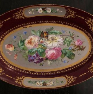Antique 19 C.  Paris Porcelain ? Platter Hand Painted Roses Butterflies England ? 2