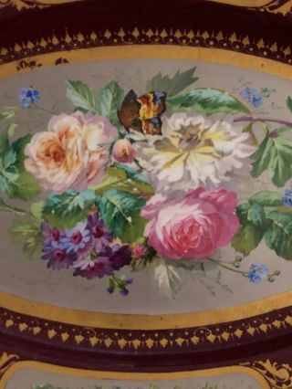 Antique 19 C.  Paris Porcelain ? Platter Hand Painted Roses Butterflies England ? 3
