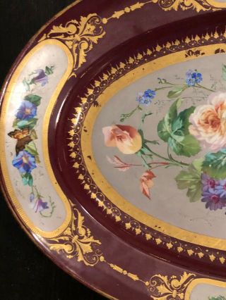 Antique 19 C.  Paris Porcelain ? Platter Hand Painted Roses Butterflies England ? 4