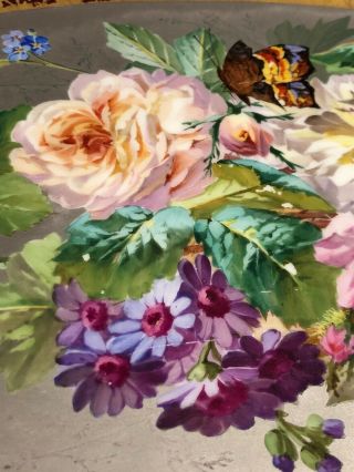 Antique 19 C.  Paris Porcelain ? Platter Hand Painted Roses Butterflies England ? 5
