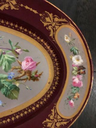 Antique 19 C.  Paris Porcelain ? Platter Hand Painted Roses Butterflies England ? 6