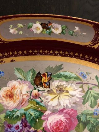 Antique 19 C.  Paris Porcelain ? Platter Hand Painted Roses Butterflies England ? 8