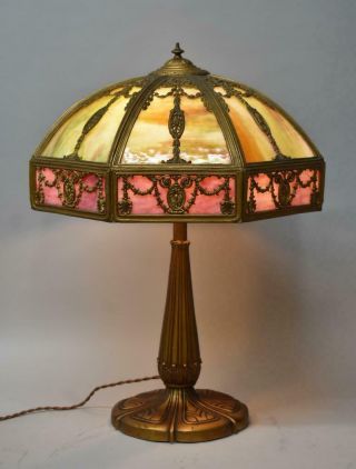 Antique Slag Glass Bent Panel Table Lamp 17 " Shade Rose,  Green,  Carmel