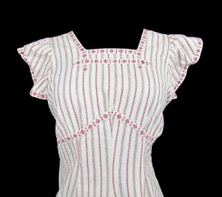 Antique Maids Long Cotton Apron - White & Red Print - Edwardian 3