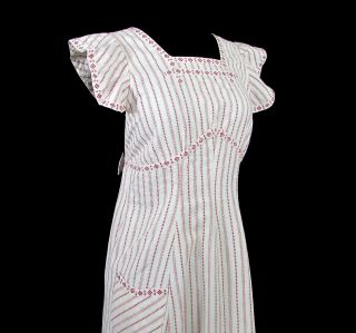 Antique Maids Long Cotton Apron - White & Red Print - Edwardian 6