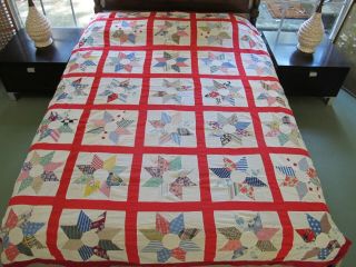 Colorful Vintage Hand Pieced Feed Sack Star Quilt Top; 84 " X 66 "