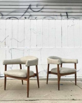 Walnut And Leather Barrel Back Chairs Mid - Century Modern Pair