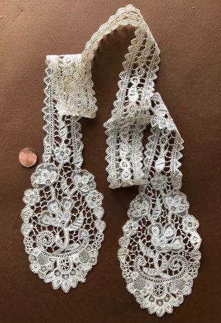 19th C.  Irish Youghal Needle Lace Joined Lappets / Tie Collector