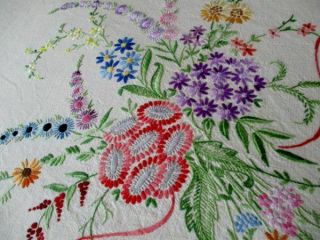 Large Vintage Tablecloth Hand Embroidered Bouquets Of Flowers - Linen