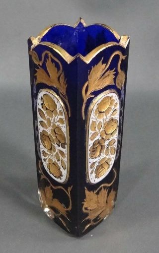 1850 Biedermeier Bohemian Moser Cobalt Blue Crystal Glass Enamel Gold Roses Vase