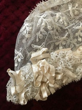 1890 ' s RARE DOLL LACE BONNET - Handmade Needle work embroidery on tulle - Ribbon 2