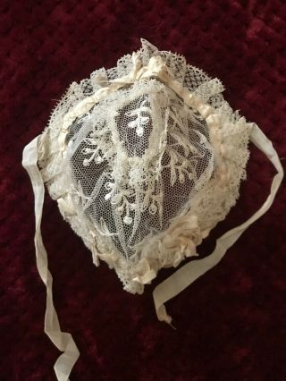 1890 ' s RARE DOLL LACE BONNET - Handmade Needle work embroidery on tulle - Ribbon 5