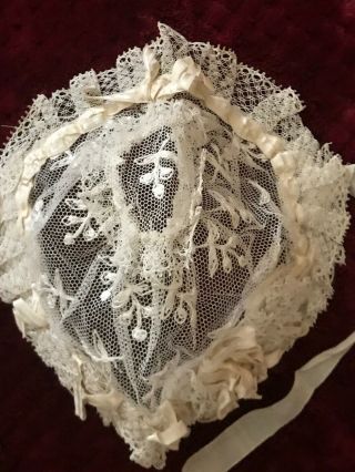 1890 ' s RARE DOLL LACE BONNET - Handmade Needle work embroidery on tulle - Ribbon 6