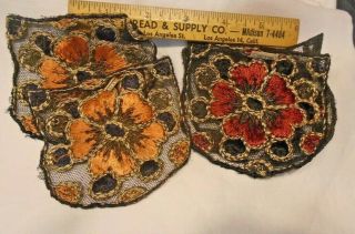 4 Antique Silk Embroidered Floral Appliques W/ Gold Metallic Thread