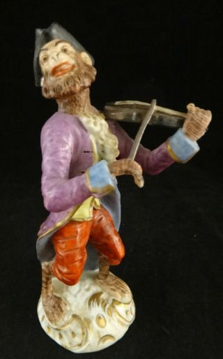 Antique German Meissen Hp Porcelain Monkey Band Figure Violin Player.  5 3/8” T.