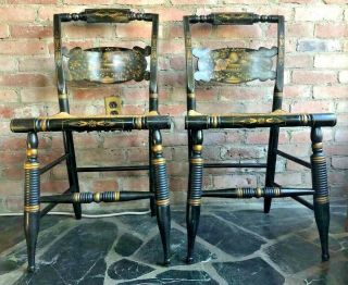 Hitchcock 2 Signed Vintage Turtle Back Stenciled Black - Rush Seat Side Chairs