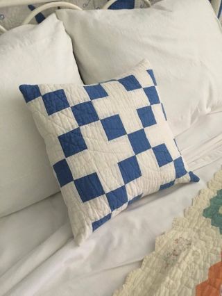 Blue White Ninepatch Vintage Cottage Farmhouse Quilt Pillow 14 " Charming