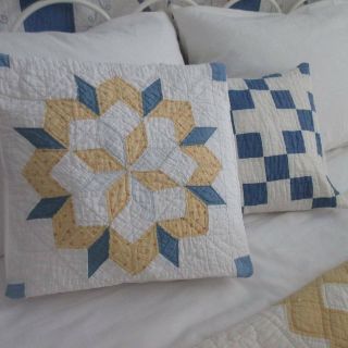 Blue Yellow Star Vintage Cottage Farmhouse Quilt Pillow 14 " Charming Antique