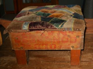Antique Handmade Stoolupholstered Crazy Quilt Advertising Box Dovetailed Signed