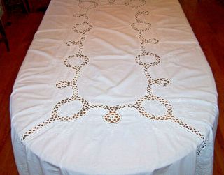 Spectacular Vintage Whitework & Crochet Lace Tablecloth,  96 " Snow White,  C1950